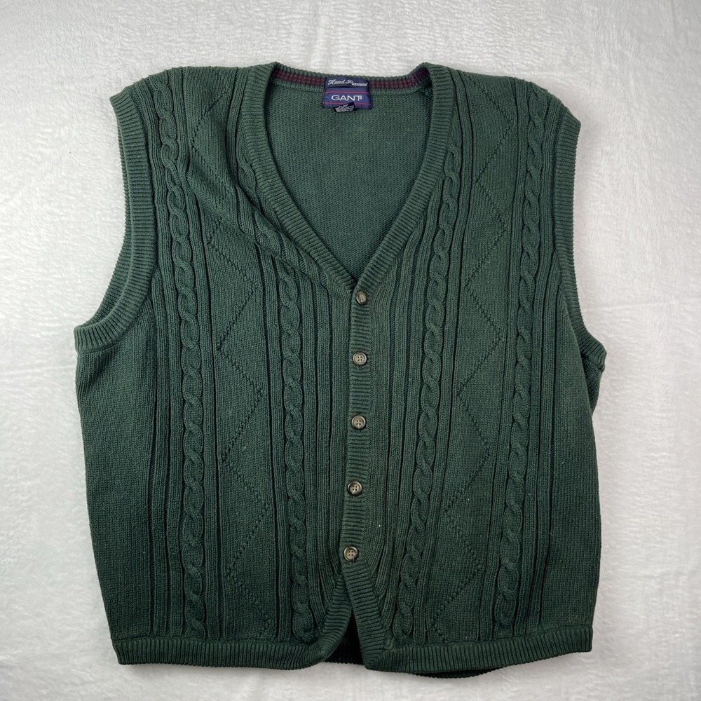 Gant Tramed Sweater Vest Mens XL Green Cotton Cable Knit Button Front Winter